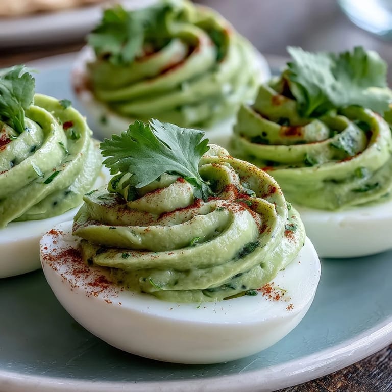 Bright green avocado filling in deviled eggs, finished with a bold Sriracha kick and fresh cilantro garnish.