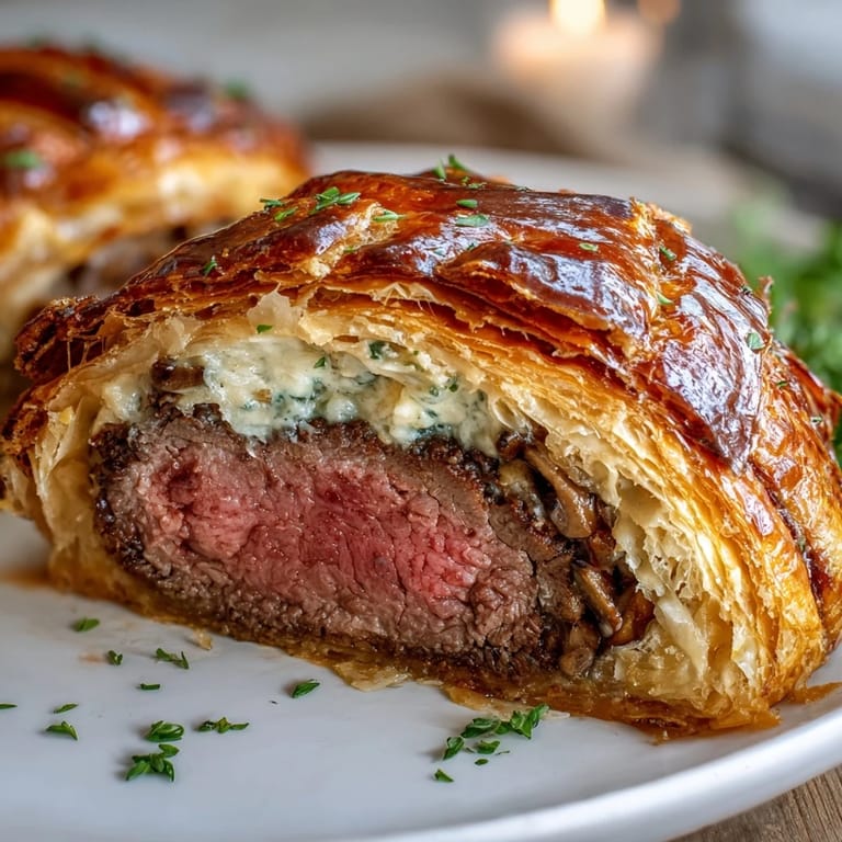 Savory Individual Beef Wellington appetizer, glistening with egg wash and baked to perfection.