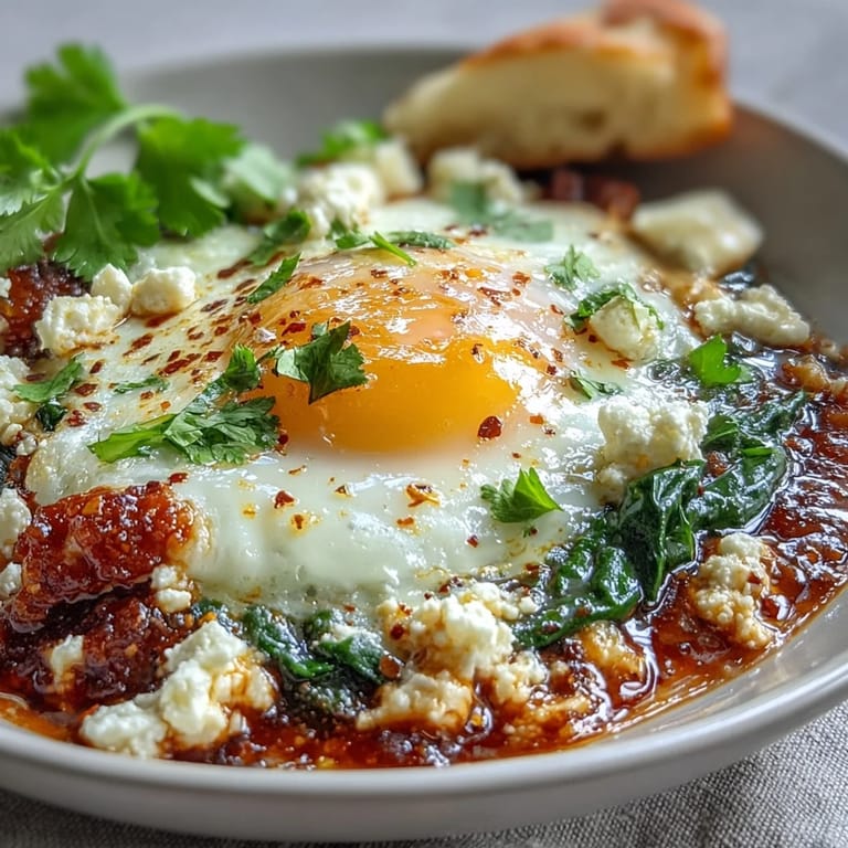 Vibrant Spinach and Feta Shakshuka dish, eggs gently poached in a rich tomato sauce.