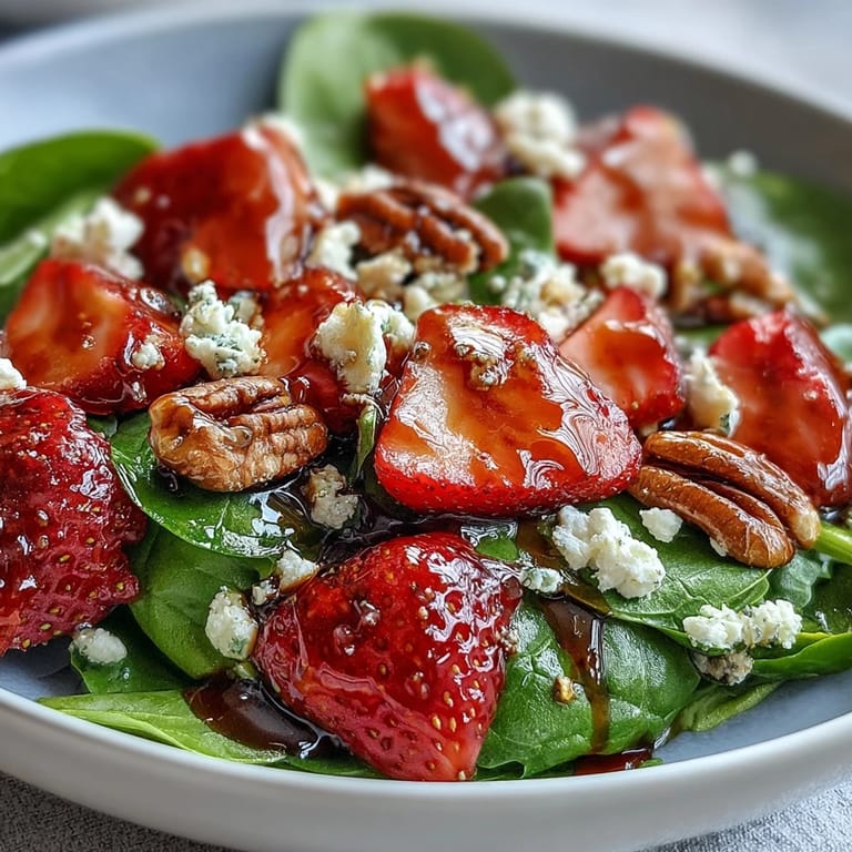 Close-up of a spring salad featuring strawberries, spinach, and balsamic dressing.
