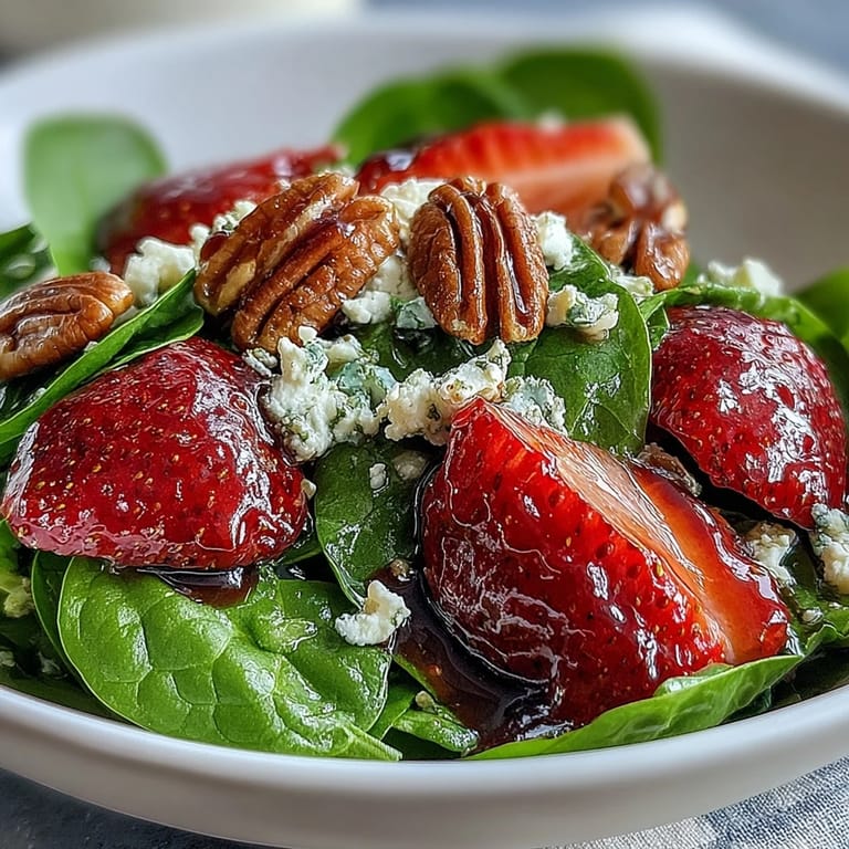 Sweet and tangy strawberry spinach spring salad, ideal for a light lunch.