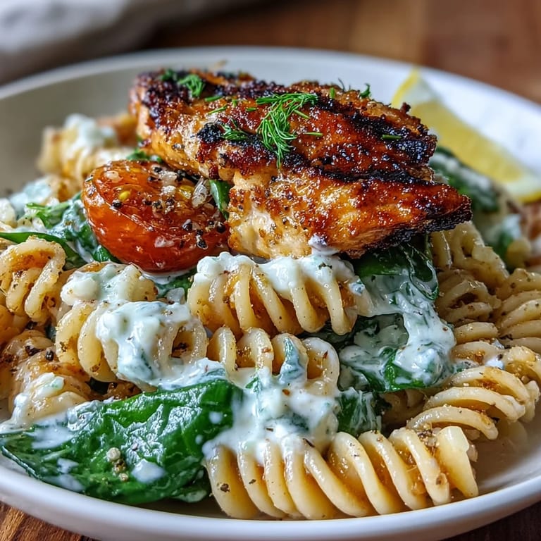 Hearty high protein pasta bowl showcasing tender chicken, a rich sauce, and vibrant greens.