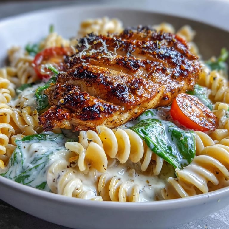 Wholesome high protein pasta bowl, a satisfying meal with chicken, spinach, and creamy goodness.