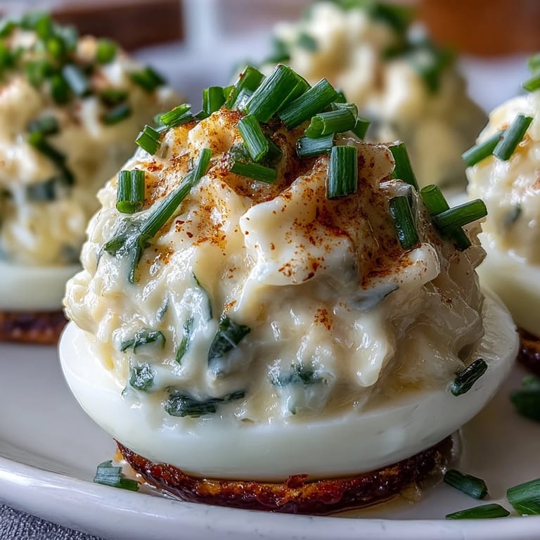 Appetizing crab cake deviled eggs with Old Bay, sprinkled with garnish.