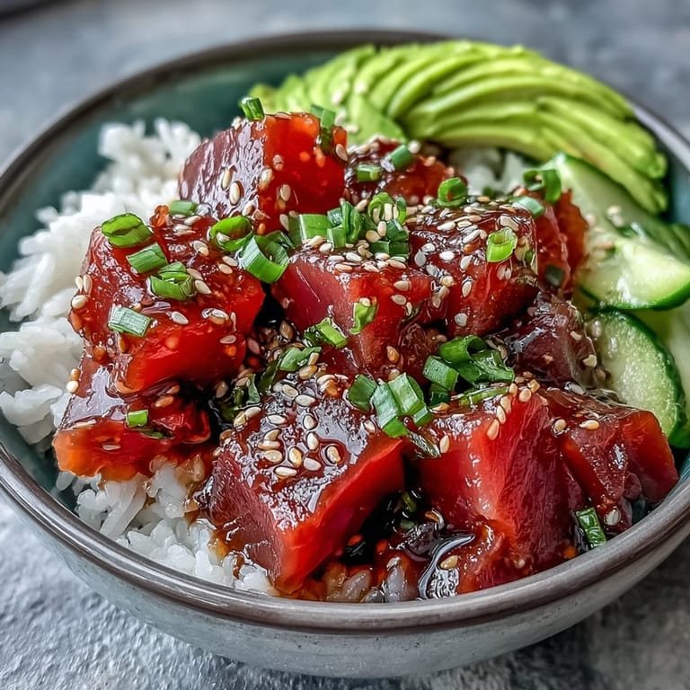 Tender marinated tuna atop sushi rice in this beautifully presented Spring Tuna Poke Bowl.