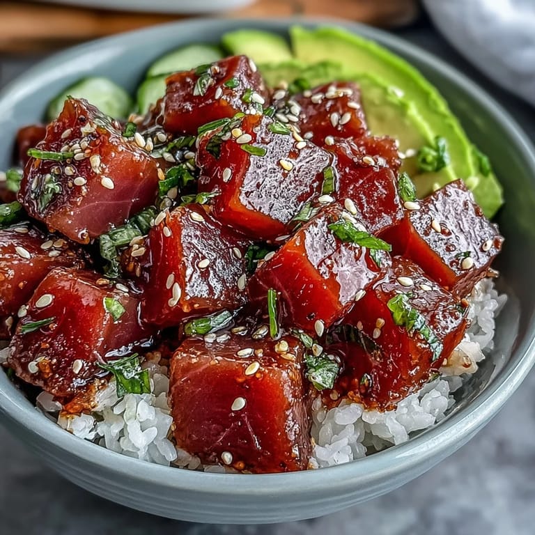 Deconstructed Spring Tuna Poke Bowl showcasing colorful, crisp ingredients and fluffy seasoned rice.