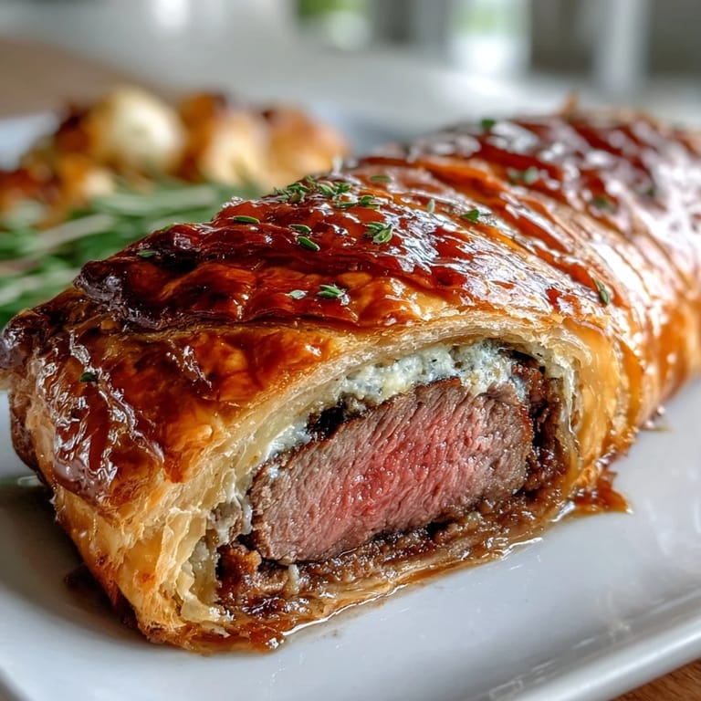 Close-up of a perfectly baked Individual Beef Wellington, showcasing crisp puff pastry and rich filling.