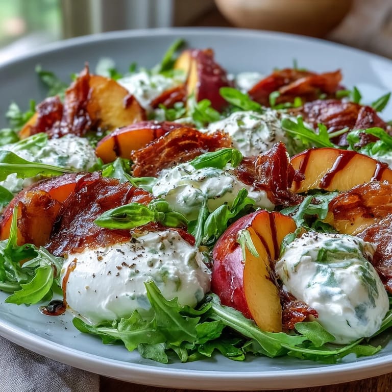 Juicy peaches, burrata, and prosciutto atop fresh greens with balsamic glaze.
