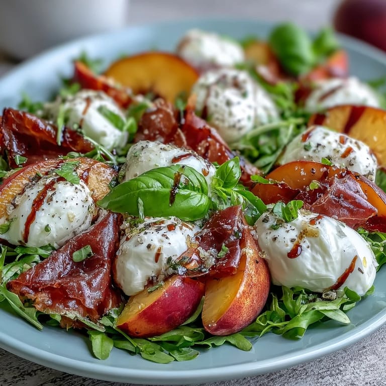 A vibrant Burrata and Peach Summer Salad, ready to enjoy.