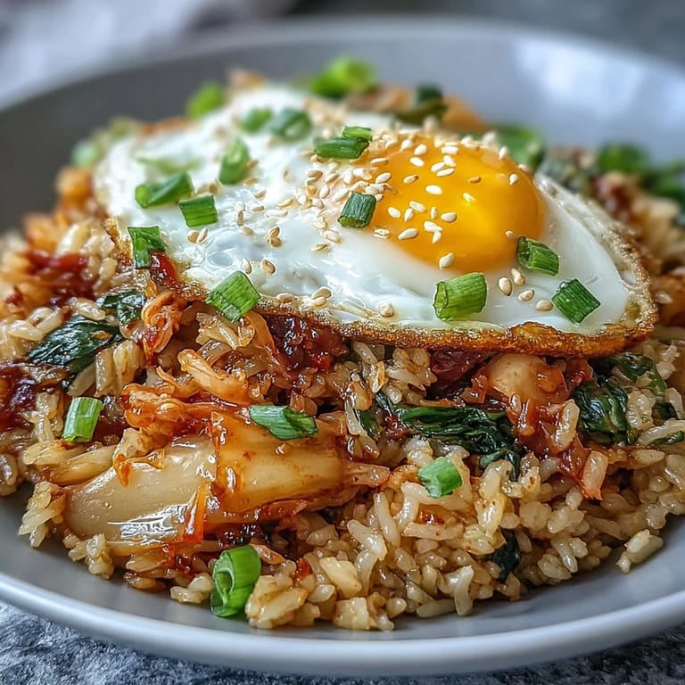 Savory kimchi cabbage fried rice with crisp vegetables and a runny egg yolk.