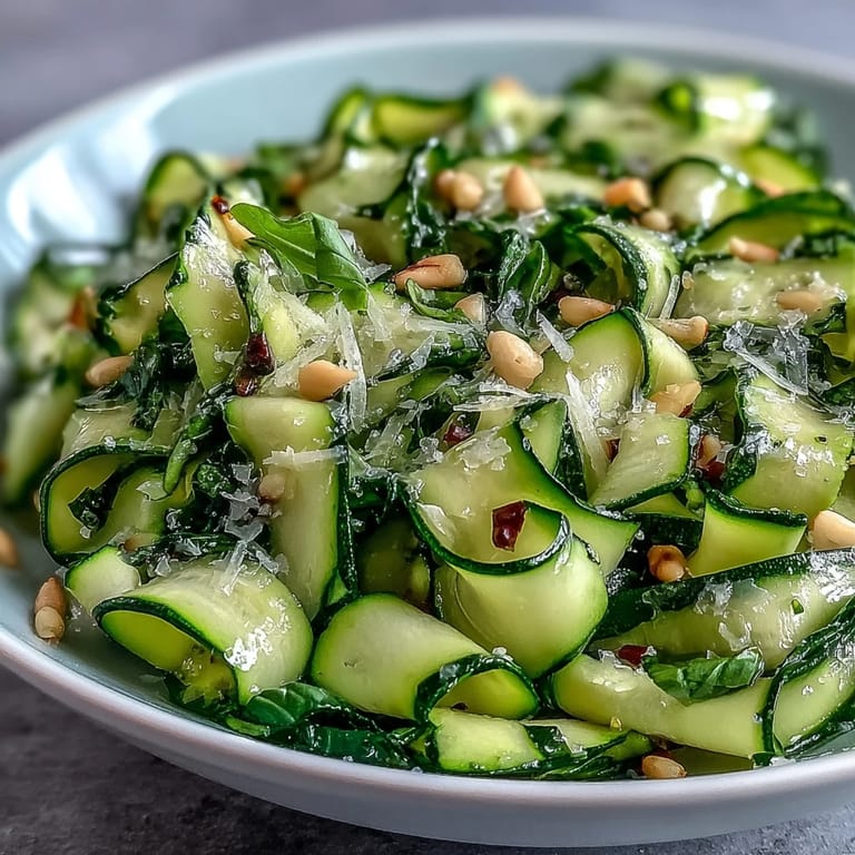 Artfully arranged shaved zucchini ribbon salad with fresh Parmesan and zesty dressing.