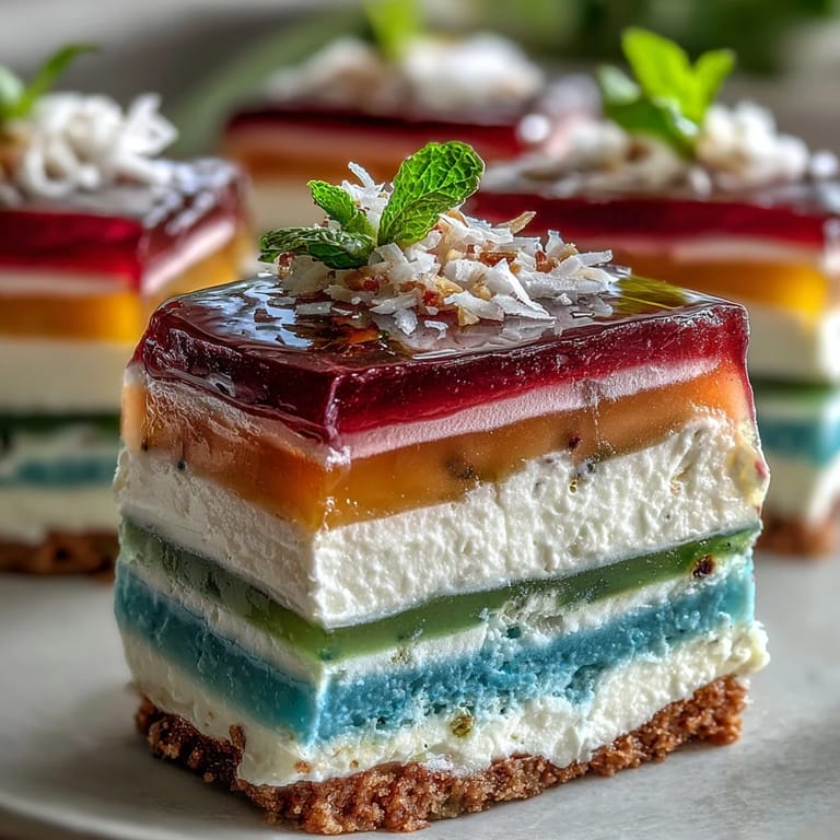 Beautifully layered agar-agar jelly cake glistening with tropical coconut cream, perfect dessert.