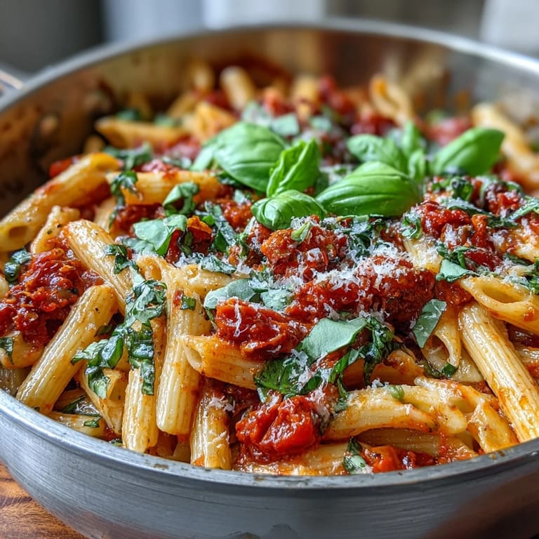 One-pot creamy tomato basil pasta, bubbling gently, ready to be served.