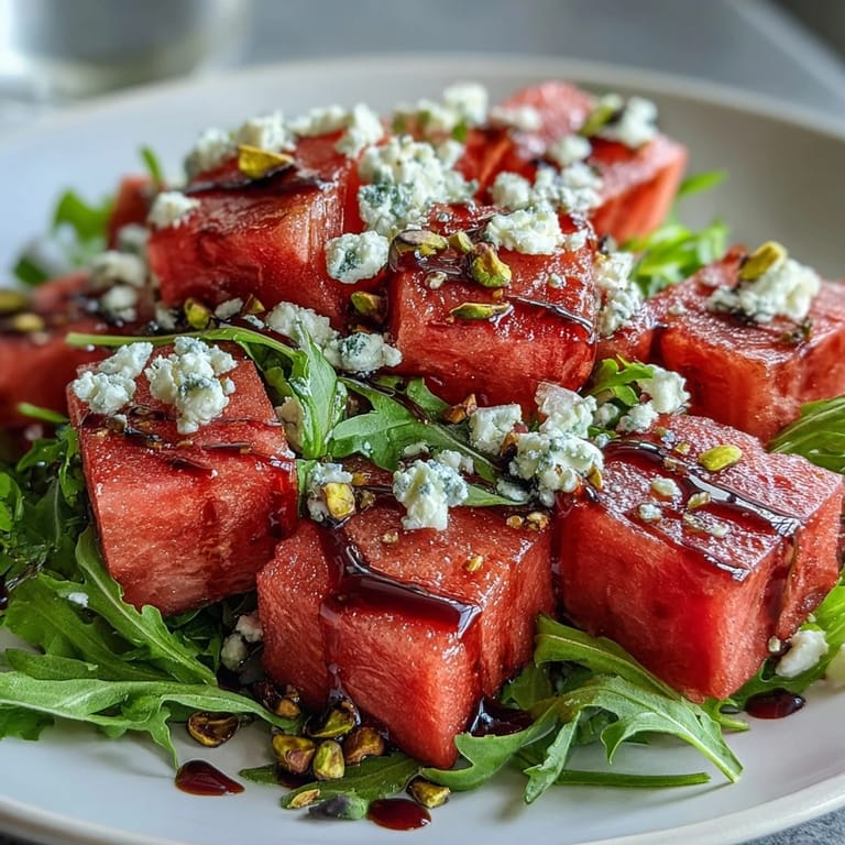 Close-up of colorful watermelon feta arugula salad, a light summer dish.