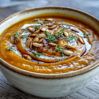 A bowl of creamy butternut squash soup garnished with toasted pumpkin seeds and thyme leaves. 