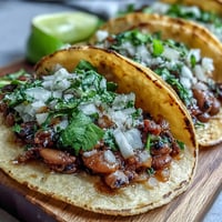 Warm Black-Eyed Pea Tacos topped with fresh cilantro, diced onion, lime wedges, and vibrant salsa.