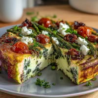 A golden spring veggie frittata loaded with asparagus, zucchini, and creamy goat cheese, fresh from the oven.