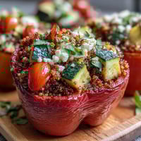 Colorful stuffed bell peppers filled with quinoa, fresh herbs, and vegetables, baked until tender and golden.
