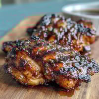 Juicy honey garlic grilled chicken thighs with a sticky, savory-sweet glaze and crispy skin.