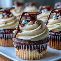 Simple graduation cupcakes with edible cap toppers in school colors, frosted with buttercream and decorated for a festive celebration dessert.