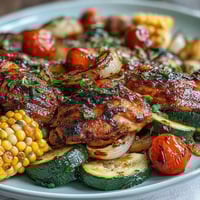 Juicy chicken breasts roasted with zucchini, sweet corn, and cherry tomatoes on a sheet pan for an easy summer dinner.  
