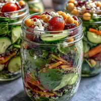 Vibrant mason jar salads layered with fresh greens, veggies, and quinoa for healthy meal prep.