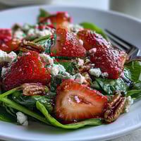 Vibrant strawberry spinach spring salad with creamy goat cheese and toasted nuts.