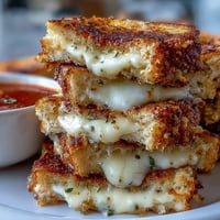Golden mini grilled cheese dippers ready for dipping in thick tomato soup.