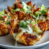 Golden mini taco cups in wonton wrappers, topped with melted cheese.