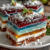 Vibrant Agar-Agar Rainbow Jelly Cake with creamy coconut swirls, party-ready.